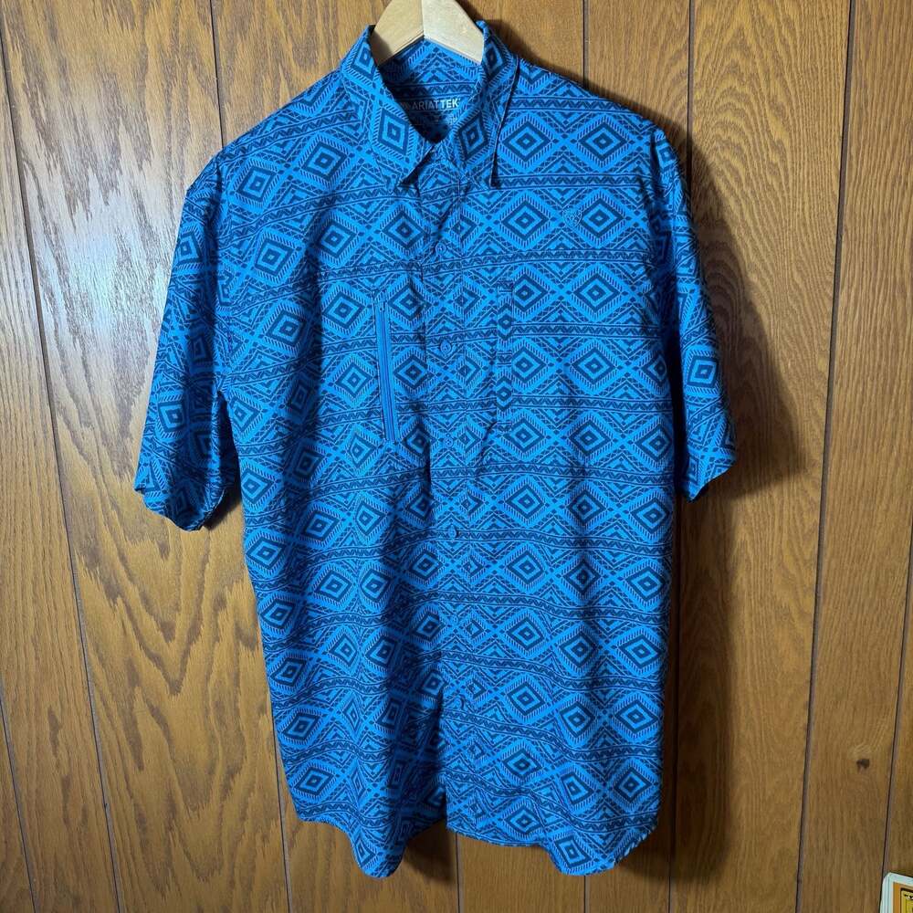 Ariat Tek Men's Short Sleeve Performance Shirt Size Medium Blue Geometric Patter
